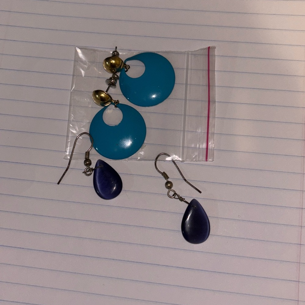 vintage earrings for pierced ears set of 2- teal turquoise and violet blue